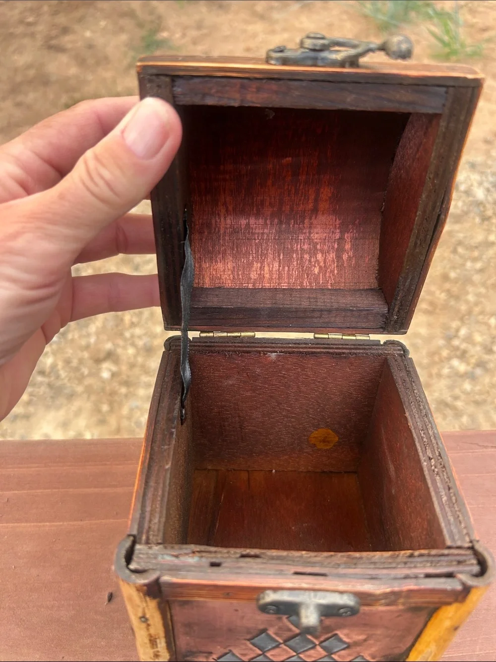 Vintage Bamboo Wood Trinket Box with Copper and Silver-Tone Accents.